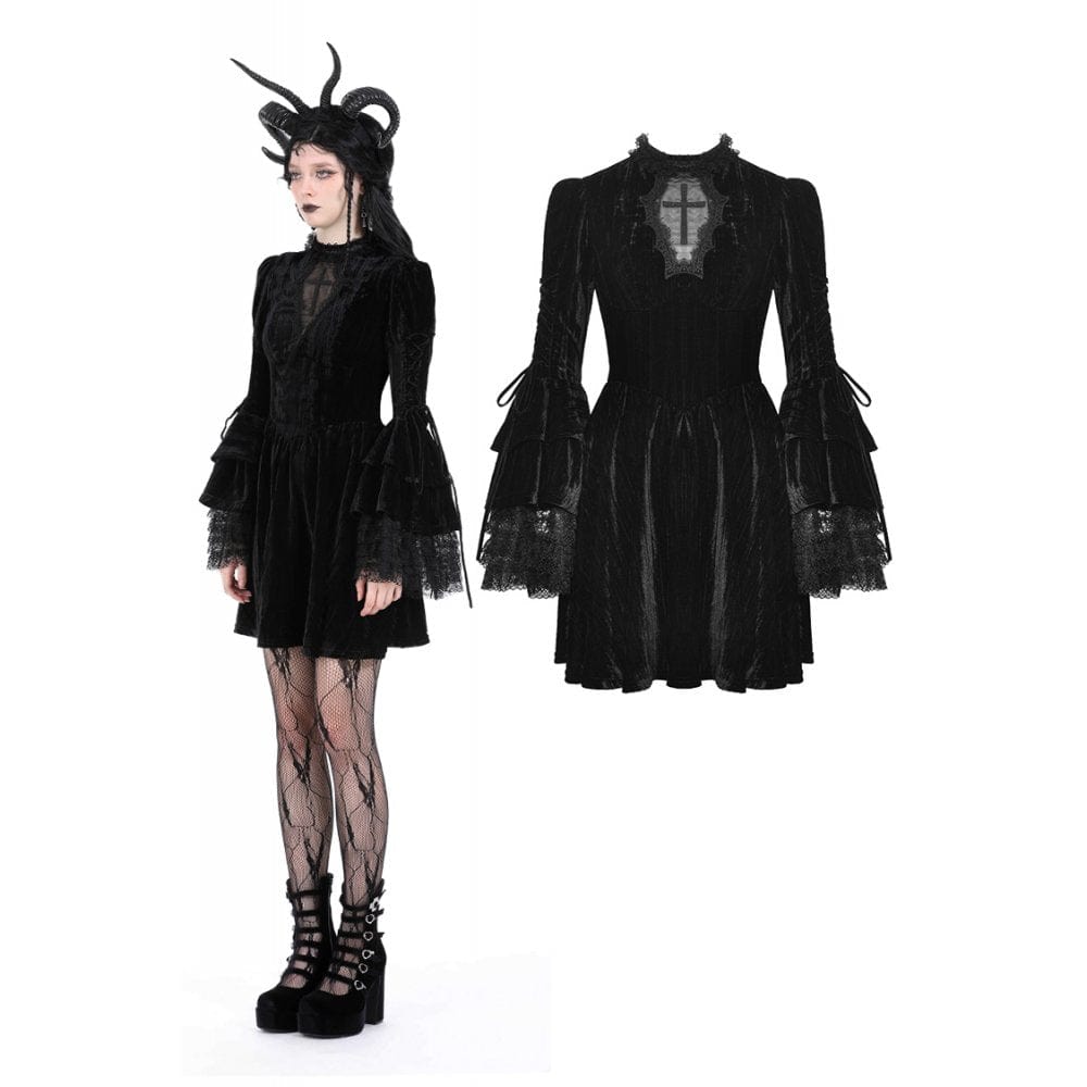 Darkinlove Women's Gothic Flared Sleeved Lace Velvet Dress