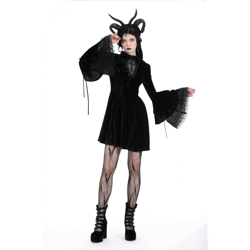 Darkinlove Women's Gothic Flared Sleeved Lace Velvet Dress