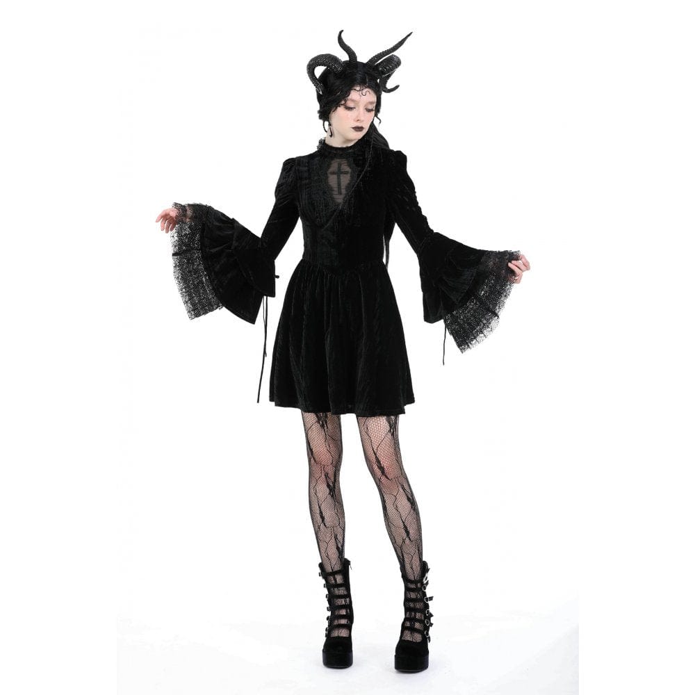 Darkinlove Women's Gothic Flared Sleeved Lace Velvet Dress