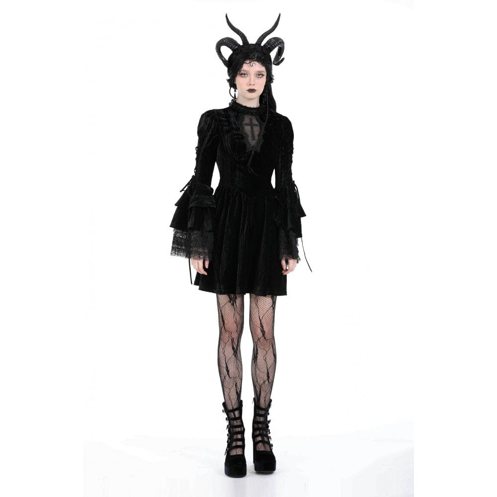 Darkinlove Women's Gothic Flared Sleeved Lace Velvet Dress