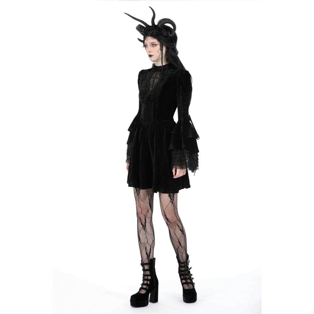 Darkinlove Women's Gothic Flared Sleeved Lace Velvet Dress