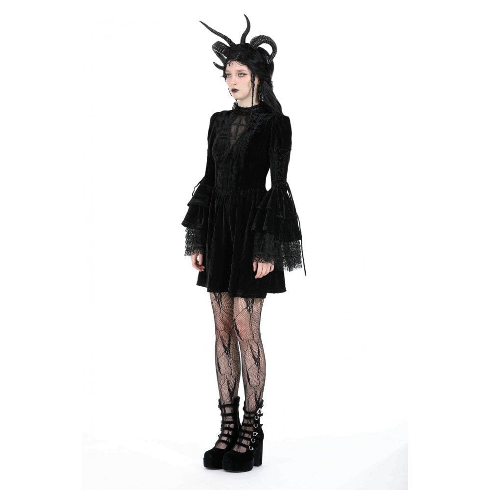 Darkinlove Women's Gothic Flared Sleeved Lace Velvet Dress
