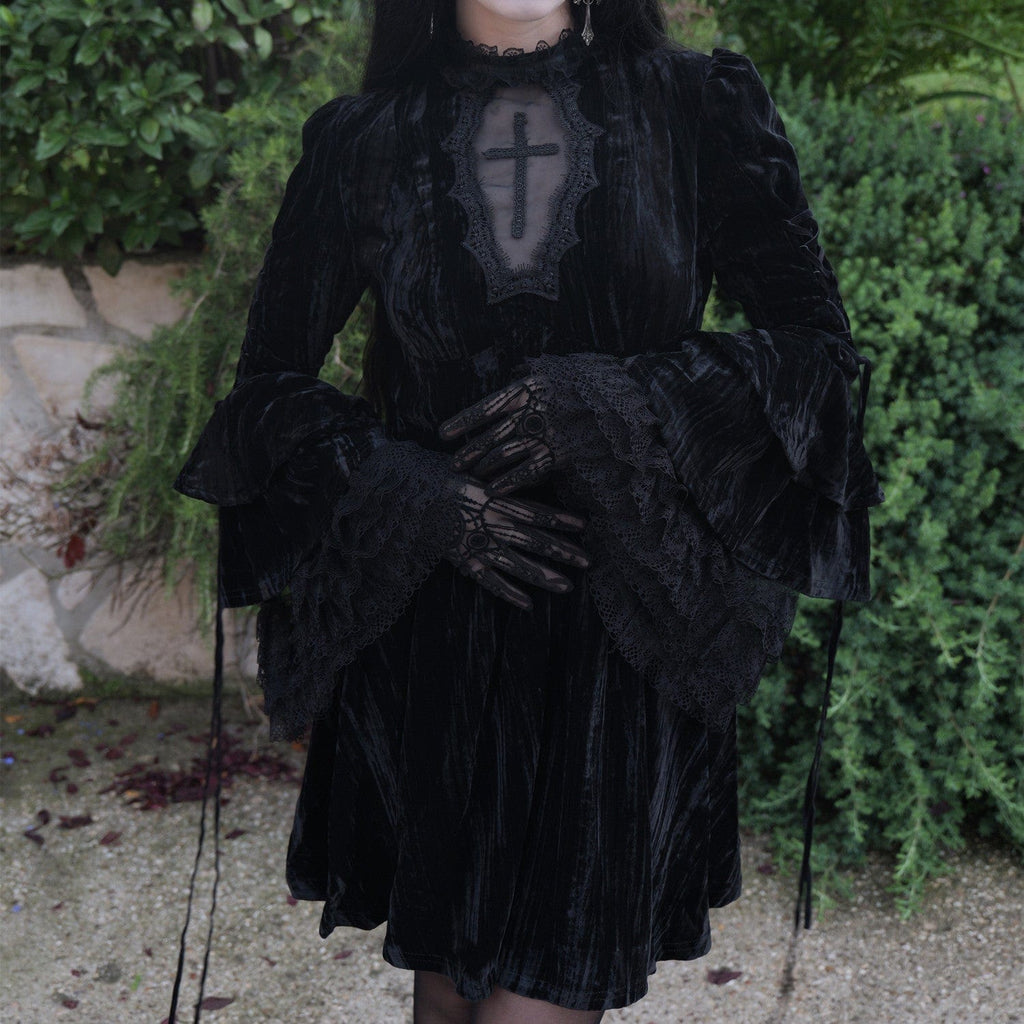 Darkinlove Women's Gothic Flared Sleeved Lace Velvet Dress
