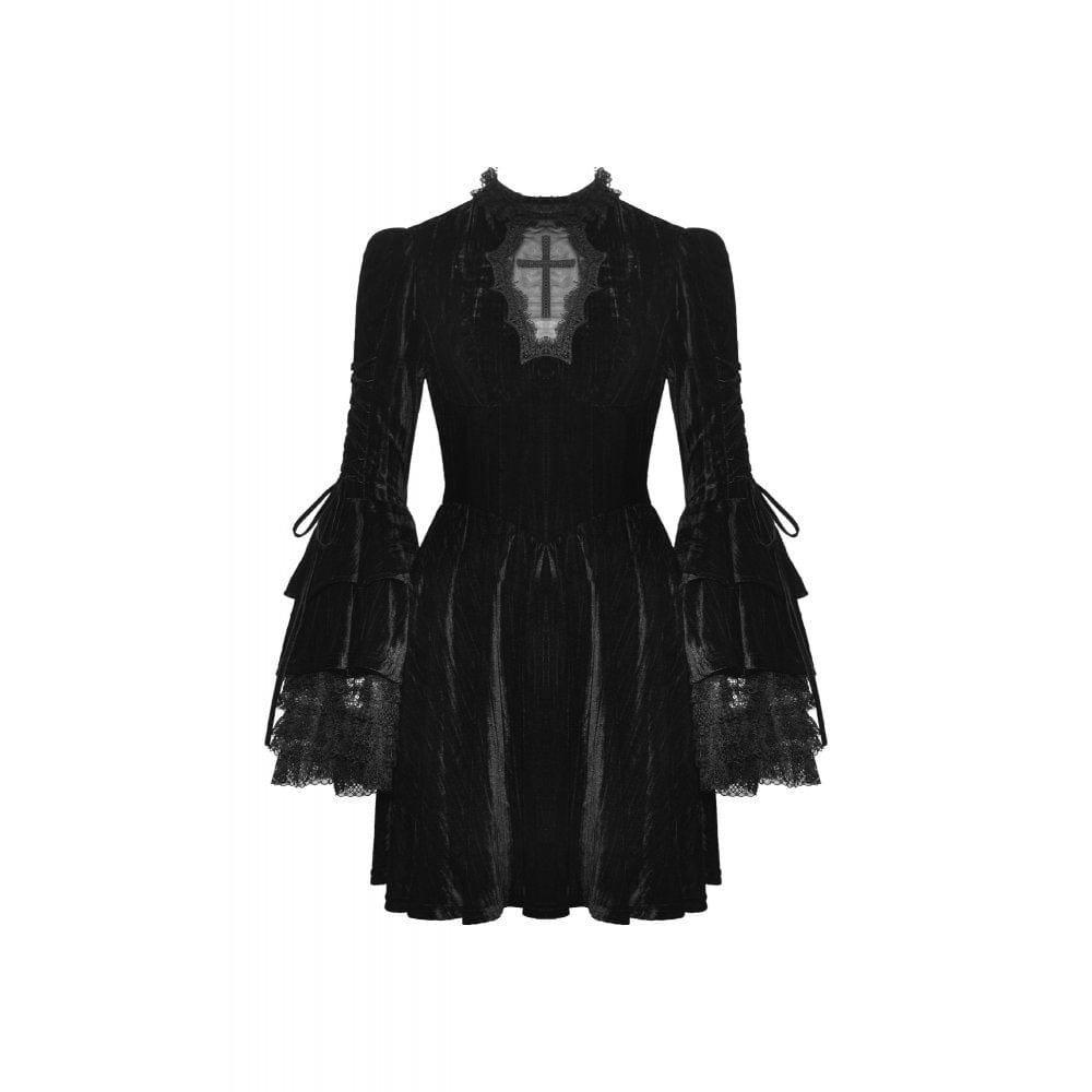 Darkinlove Women's Gothic Flared Sleeved Lace Velvet Dress