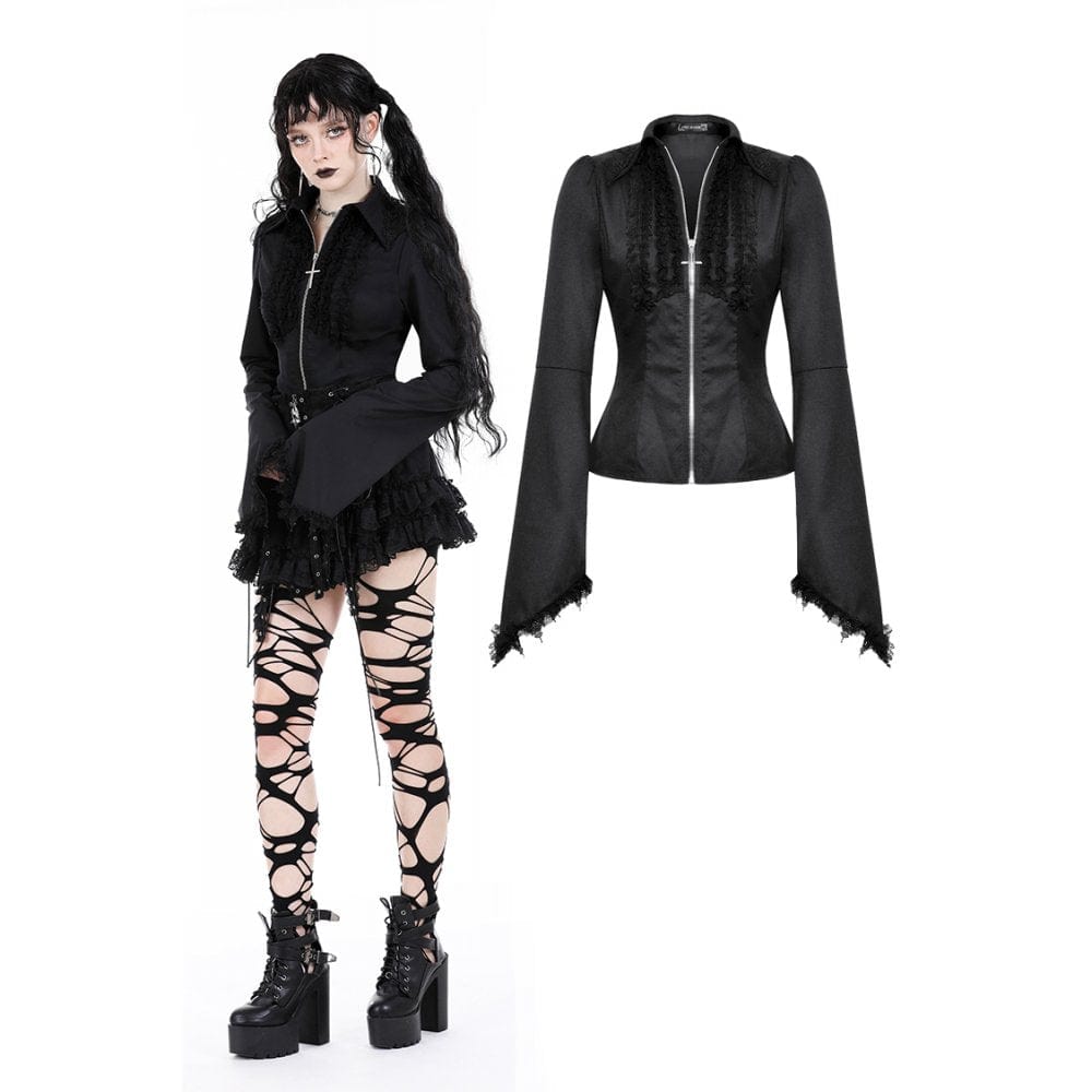 Darkinlove Women's Gothic Flared Sleeved Ruffled Zipper Shirt