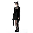 Darkinlove Women's Gothic Flared Sleeved Spider Mesh Splice Velvet Dress