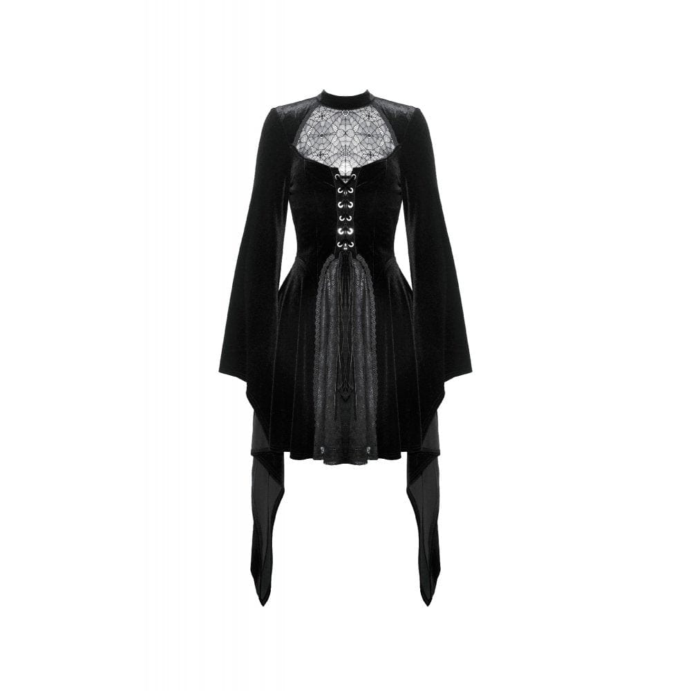 Darkinlove Women's Gothic Flared Sleeved Spider Mesh Splice Velvet Wedding Dress