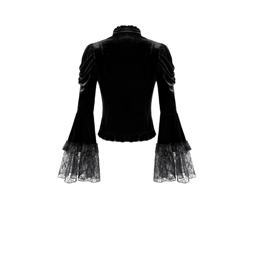 Darkinlove Women's Gothic Floral Applique Ruched Bell Sleeve Velvet Blouse