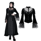 Darkinlove Women's Gothic Floral Applique Ruched Bell Sleeve Velvet Blouse