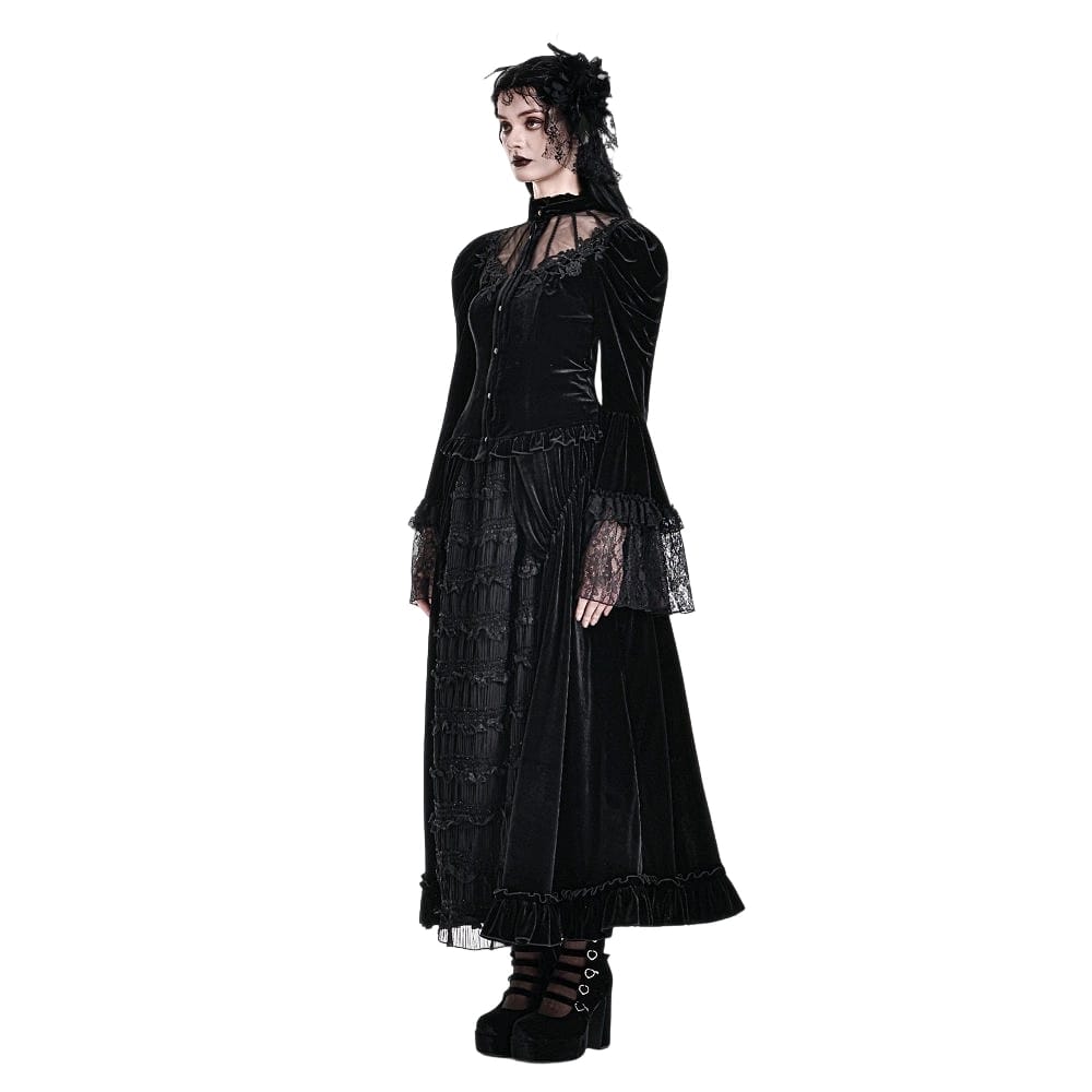 Darkinlove Women's Gothic Floral Applique Ruched Bell Sleeve Velvet Blouse