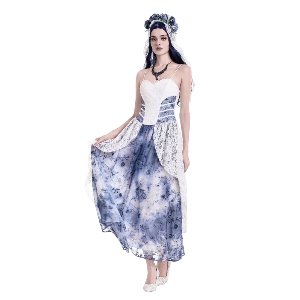 Darkinlove Women's Gothic Floral Blue Chiffon Hem Embossed Lace Midi Slip Dress