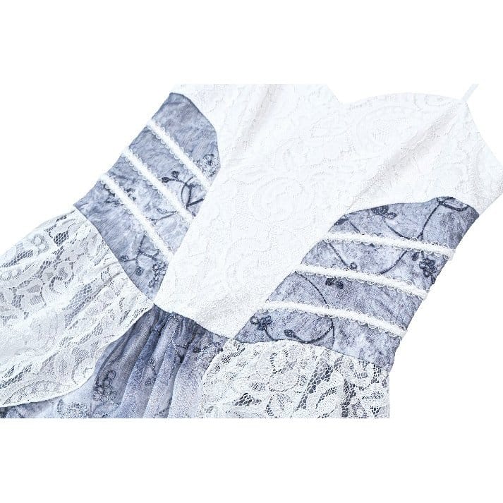 Darkinlove Women's Gothic Floral Blue Chiffon Hem Embossed Lace Midi Slip Dress
