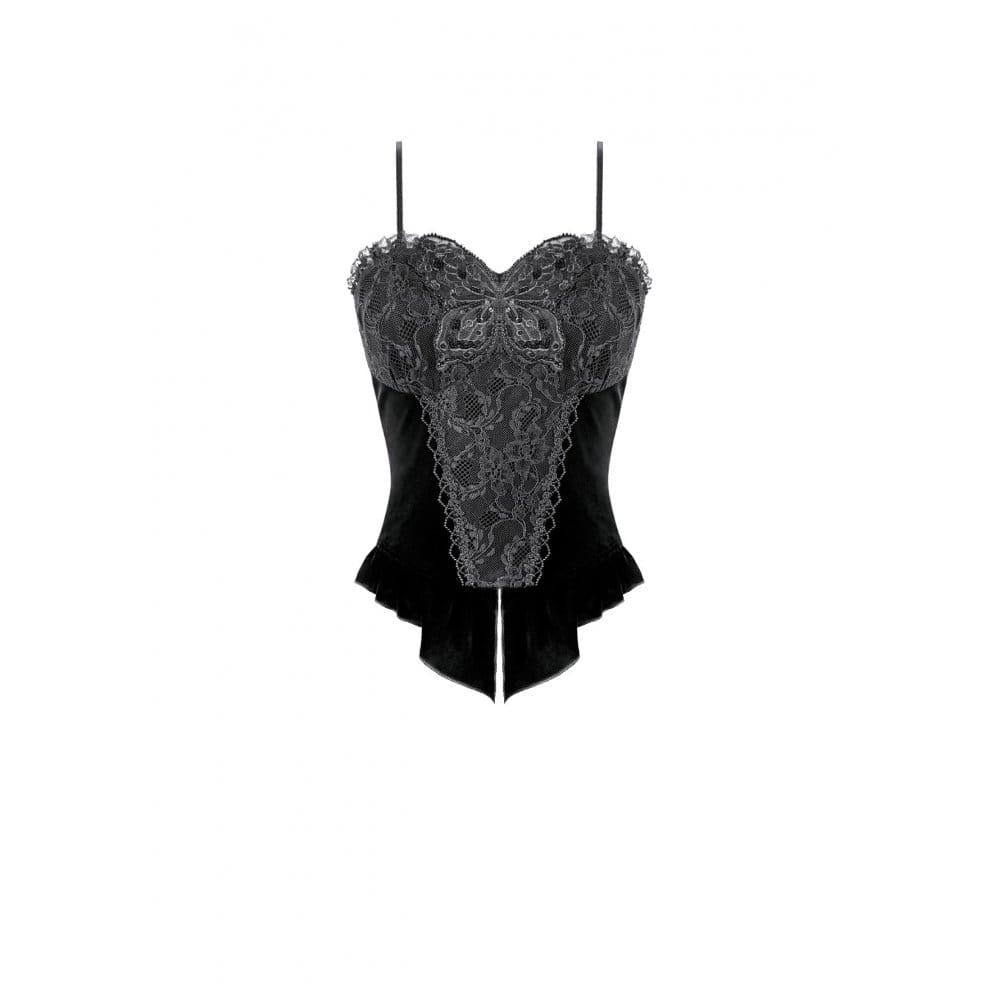 Darkinlove Women's Gothic Floral Butterfly Lace Splice Velvet Crop Top