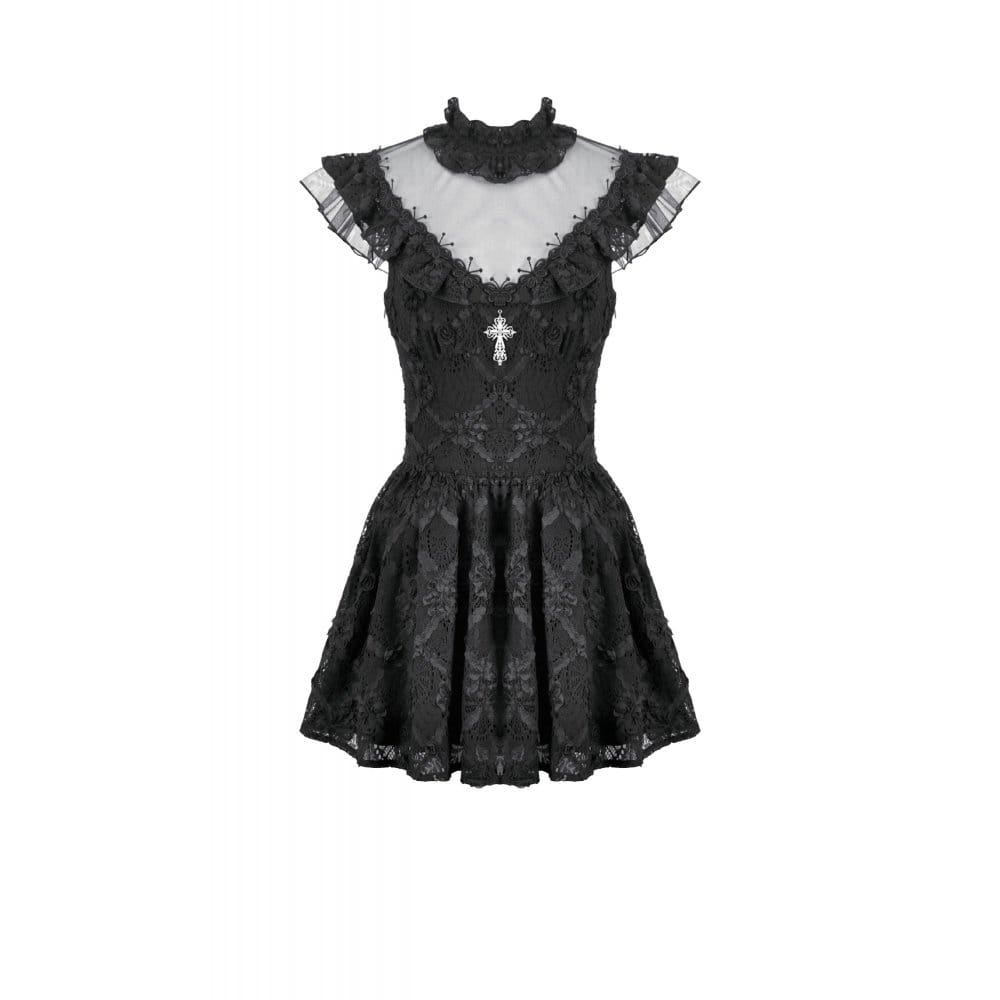 Darkinlove Women's Gothic Floral Cross Sheer Mesh Splice Short Dress
