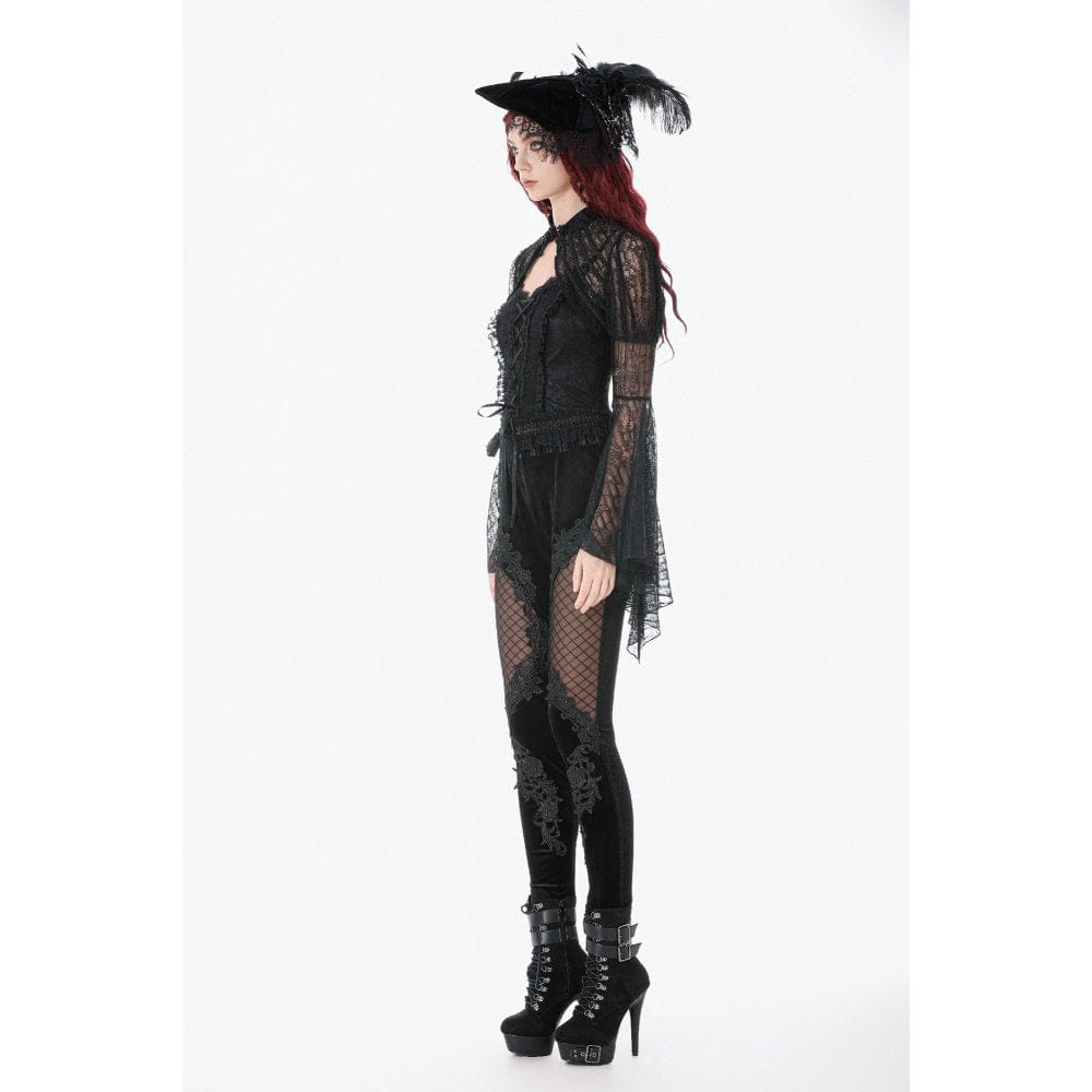 Darkinlove Women's Gothic Floral Decal Mesh Patchwork Velvet Leggings