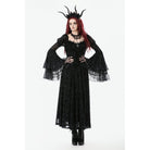 Darkinlove Women's Gothic Floral Embroidered Diamante Flared Sleeved Maxi Dress