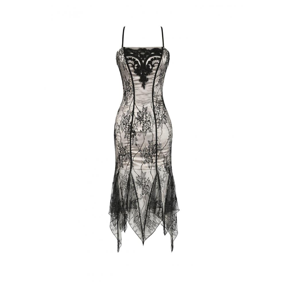 Darkinlove Women's Gothic Floral Embroidered Lace Irregular Hem Slip Dress
