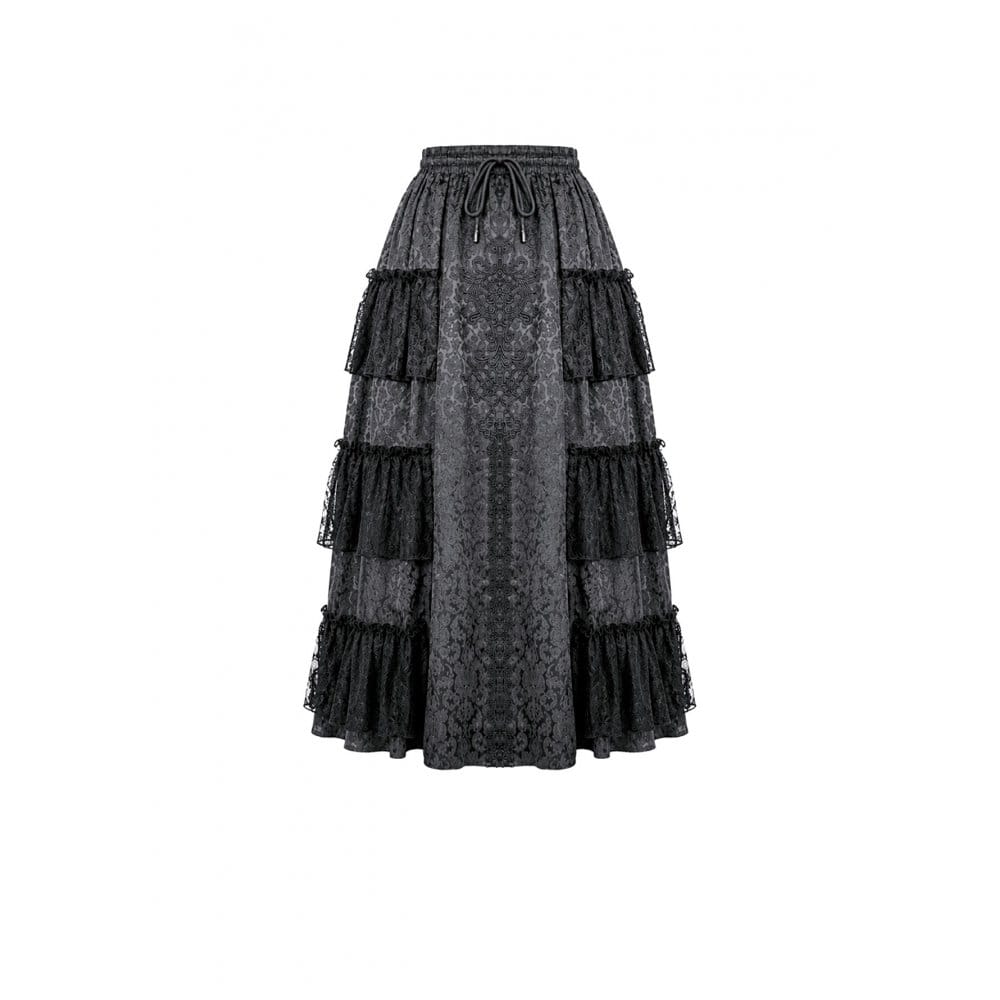 Darkinlove Women's Gothic Floral Embroidered Layered lace Ruffle Jacquard Maxi Skirt