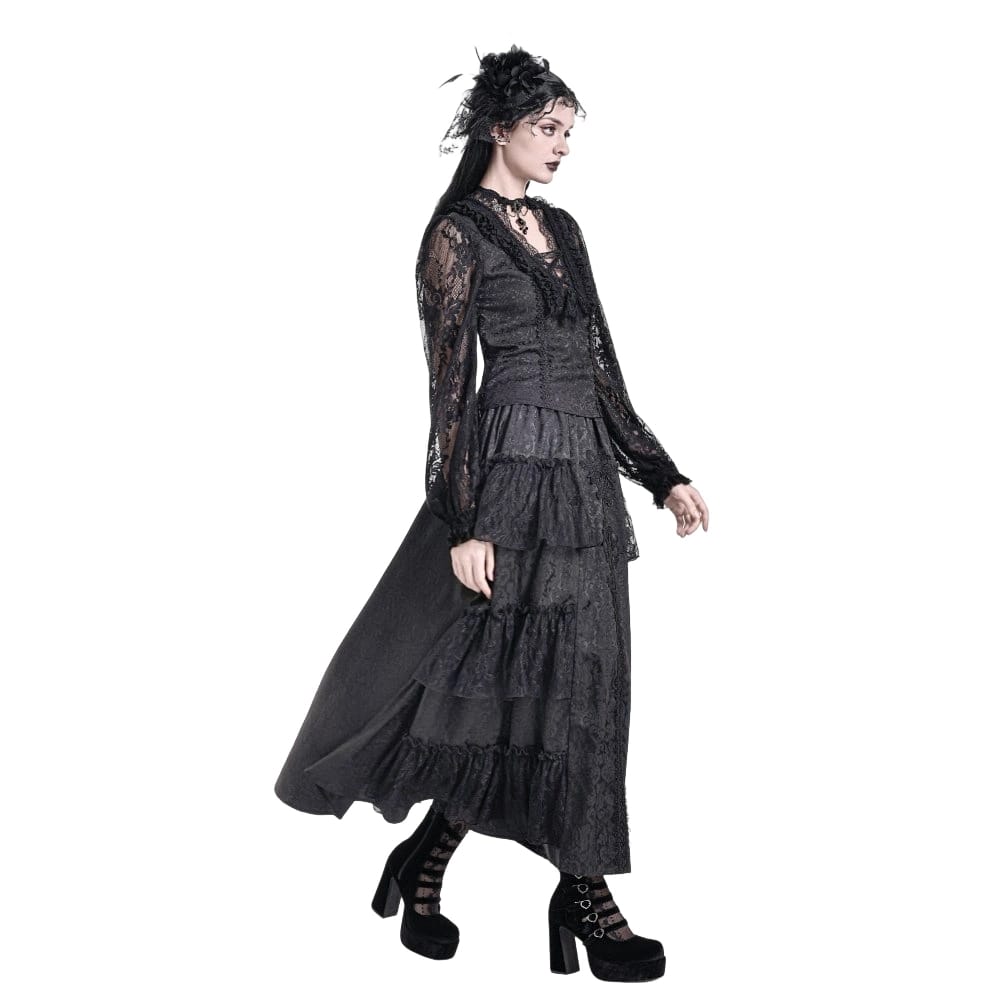 Darkinlove Women's Gothic Floral Embroidered Layered lace Ruffle Jacquard Maxi Skirt