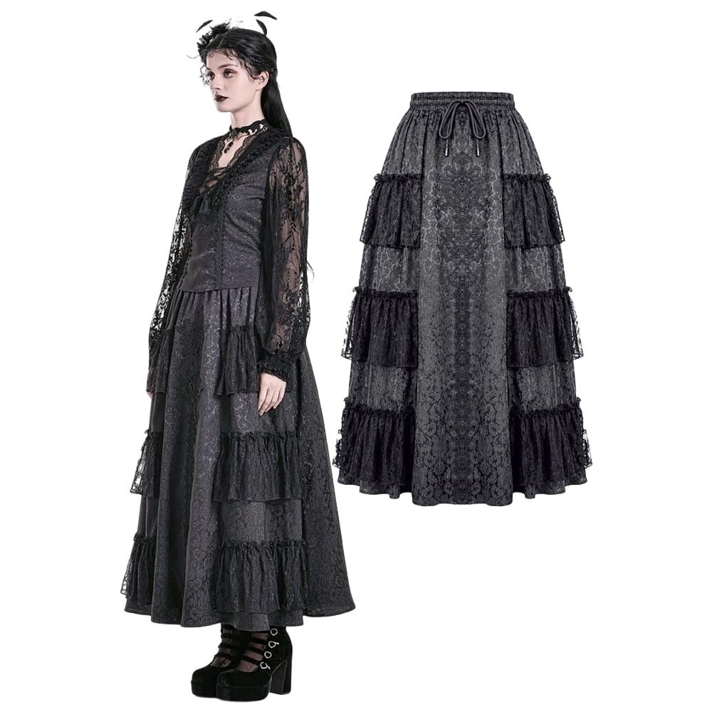 Darkinlove Women's Gothic Floral Embroidered Layered lace Ruffle Jacquard Maxi Skirt