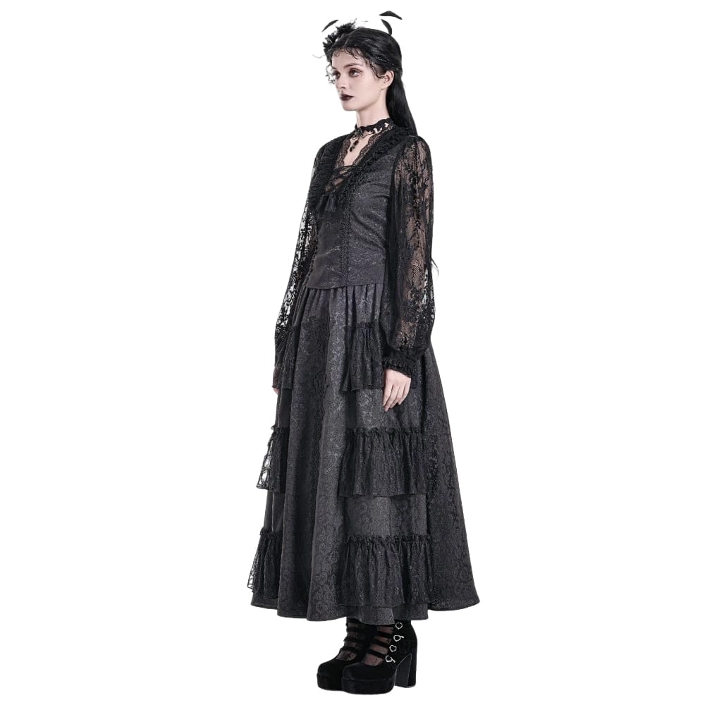 Darkinlove Women's Gothic Floral Embroidered Layered lace Ruffle Jacquard Maxi Skirt