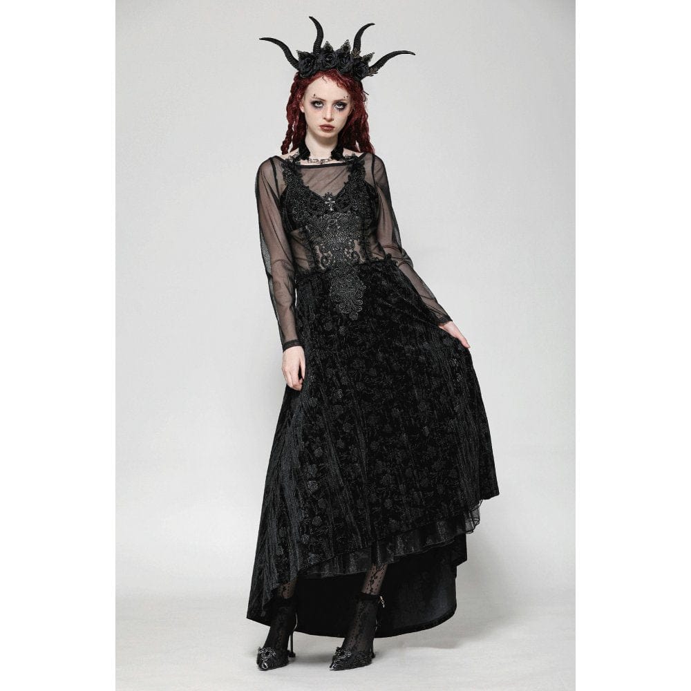 Darkinlove Women's Gothic Floral Embroidered Mesh Splice Velvet Gown Dress