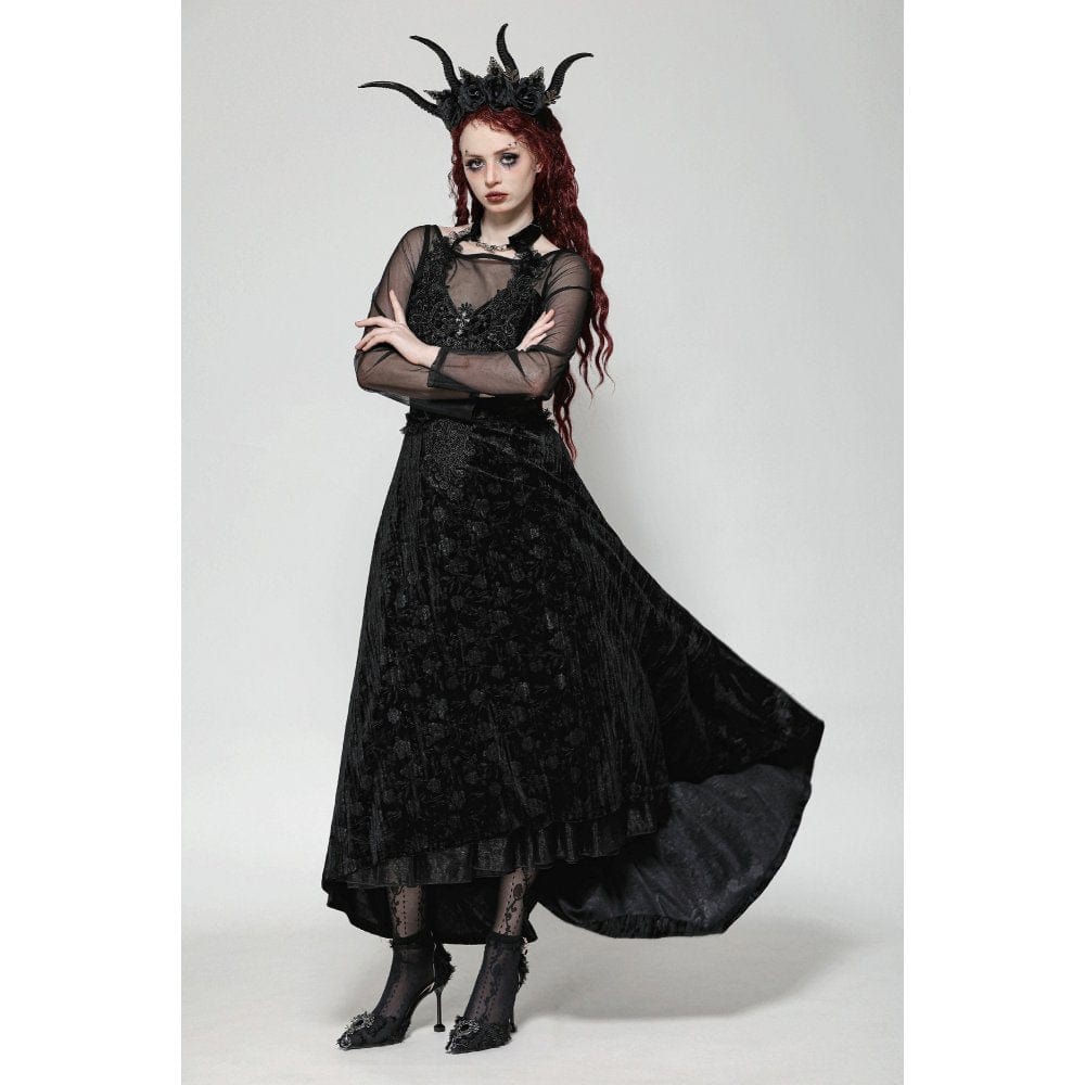 Darkinlove Women's Gothic Floral Embroidered Mesh Splice Velvet Gown Dress