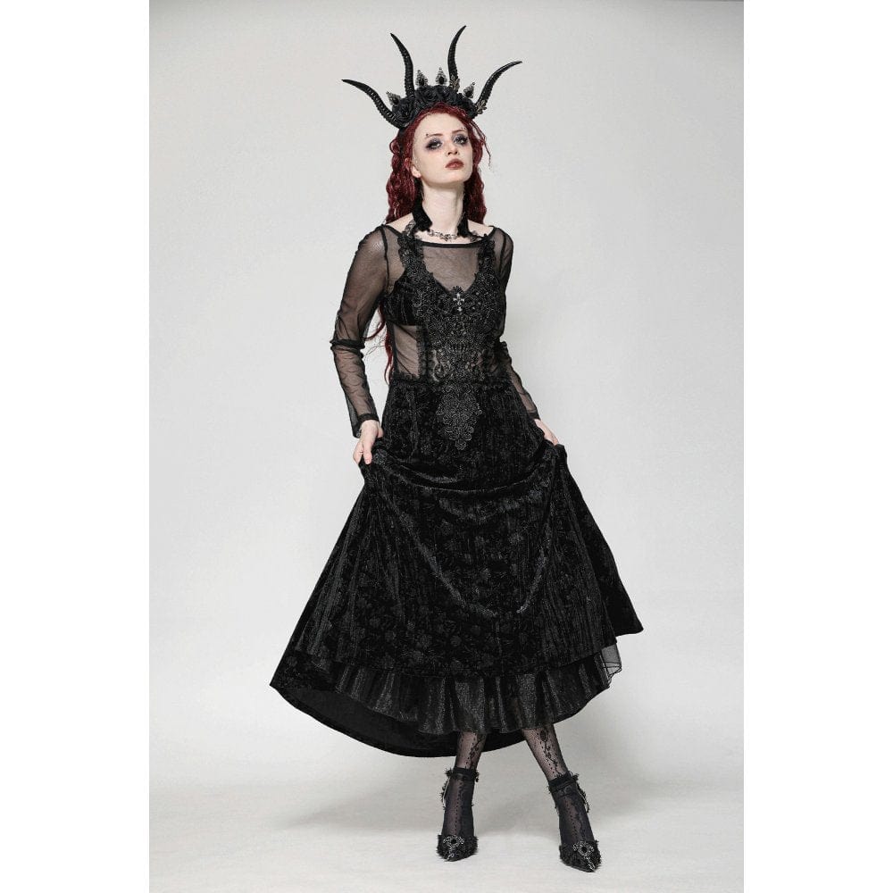 Darkinlove Women's Gothic Floral Embroidered Mesh Splice Velvet Gown Dress