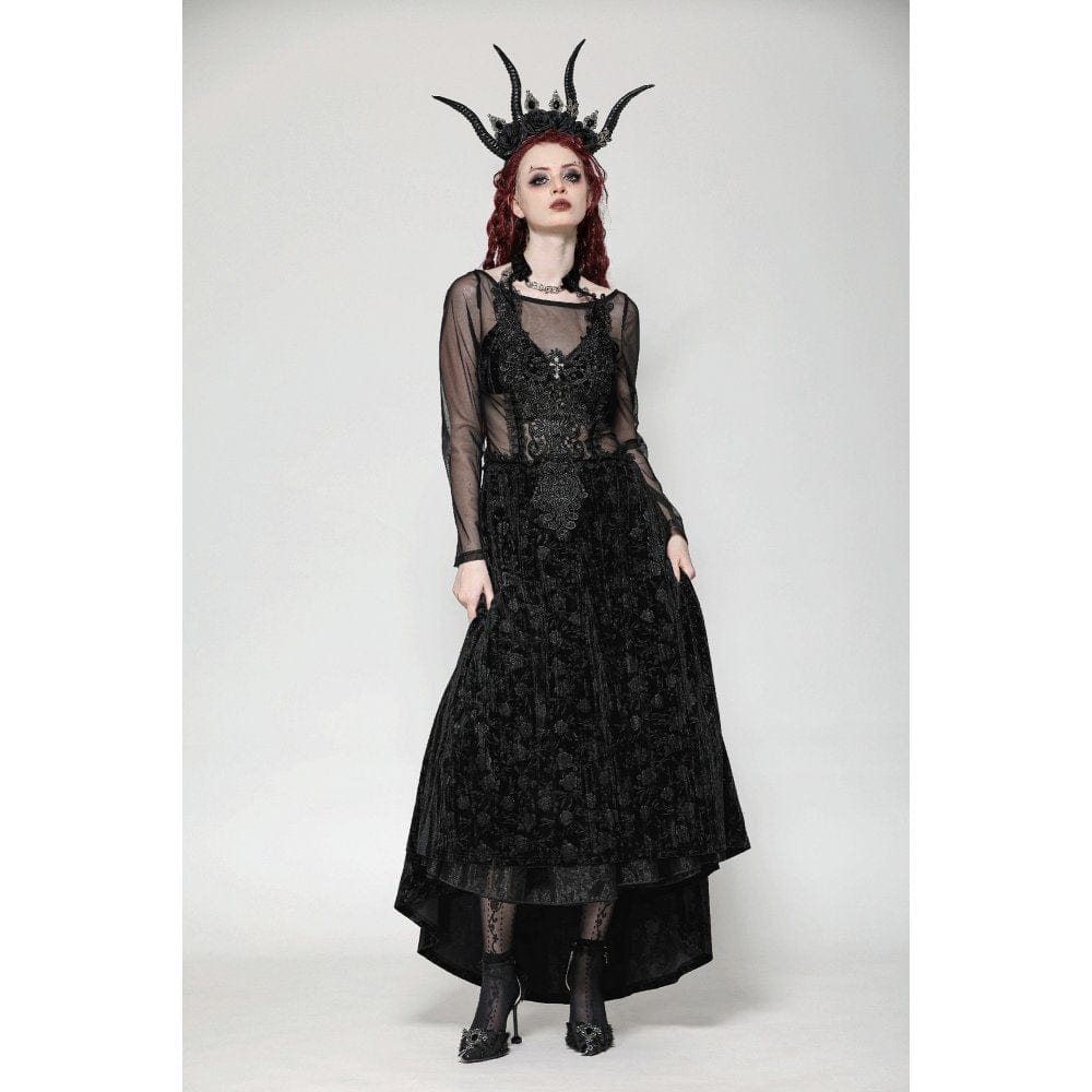 Darkinlove Women's Gothic Floral Embroidered Mesh Splice Velvet Gown Dress