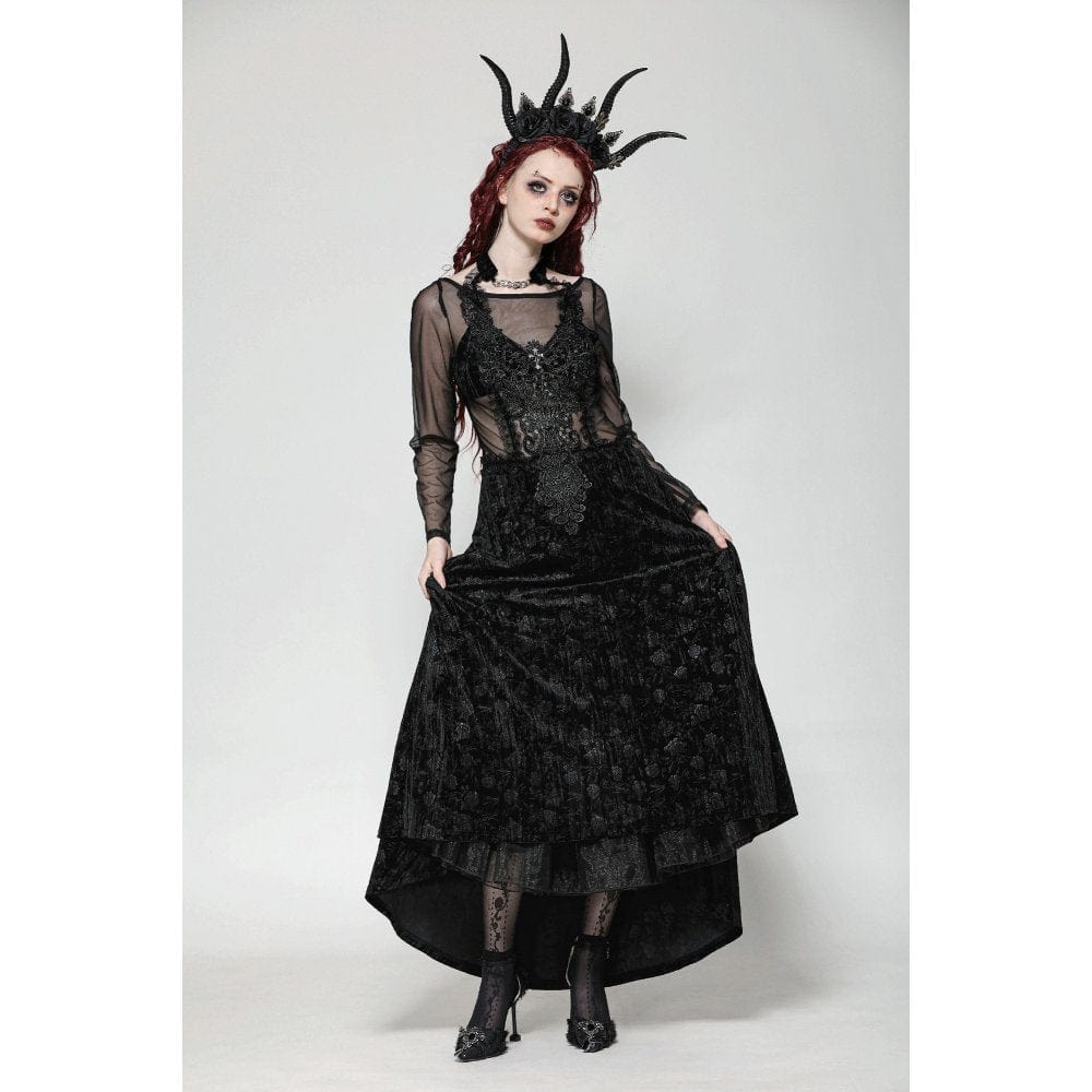 Darkinlove Women's Gothic Floral Embroidered Mesh Splice Velvet Gown Dress