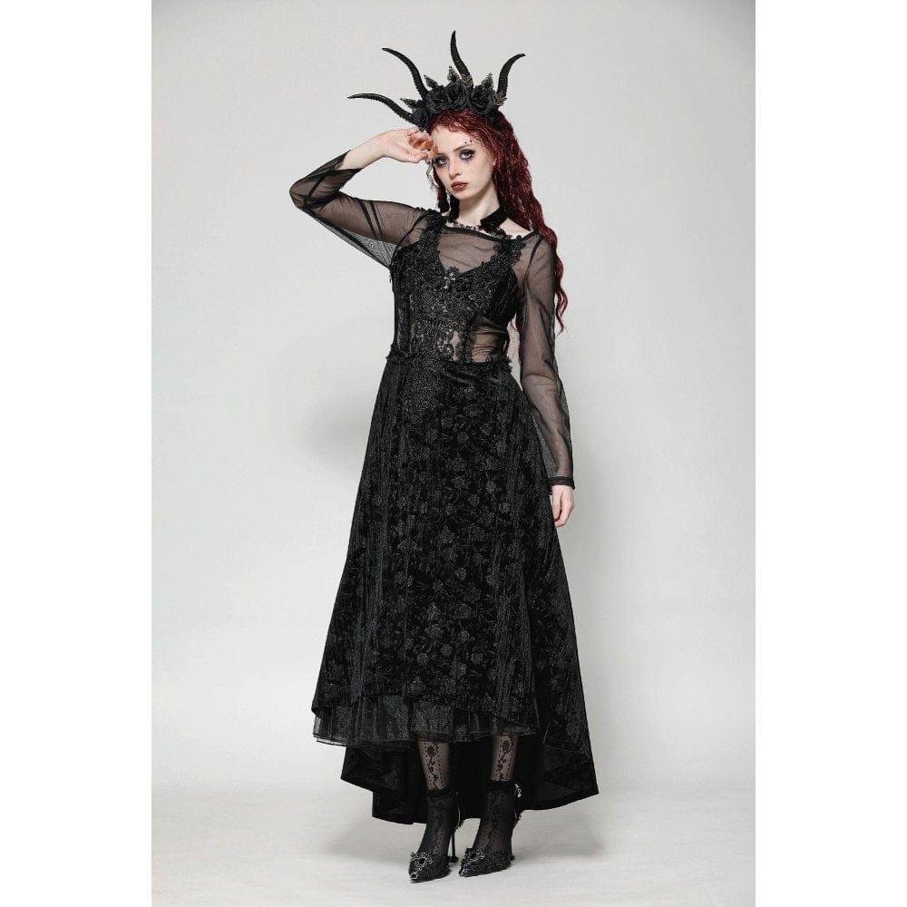 Darkinlove Women's Gothic Floral Embroidered Mesh Splice Velvet Gown Dress