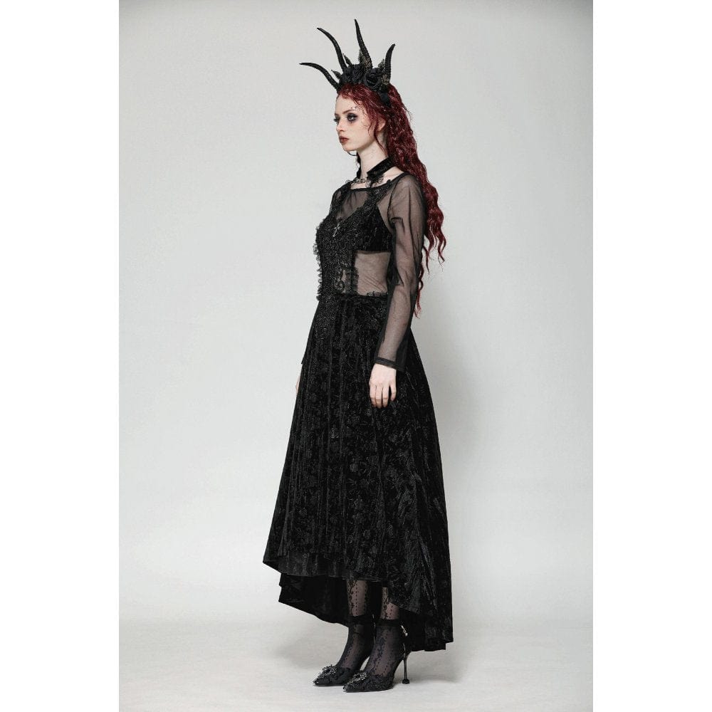 Darkinlove Women's Gothic Floral Embroidered Mesh Splice Velvet Gown Dress