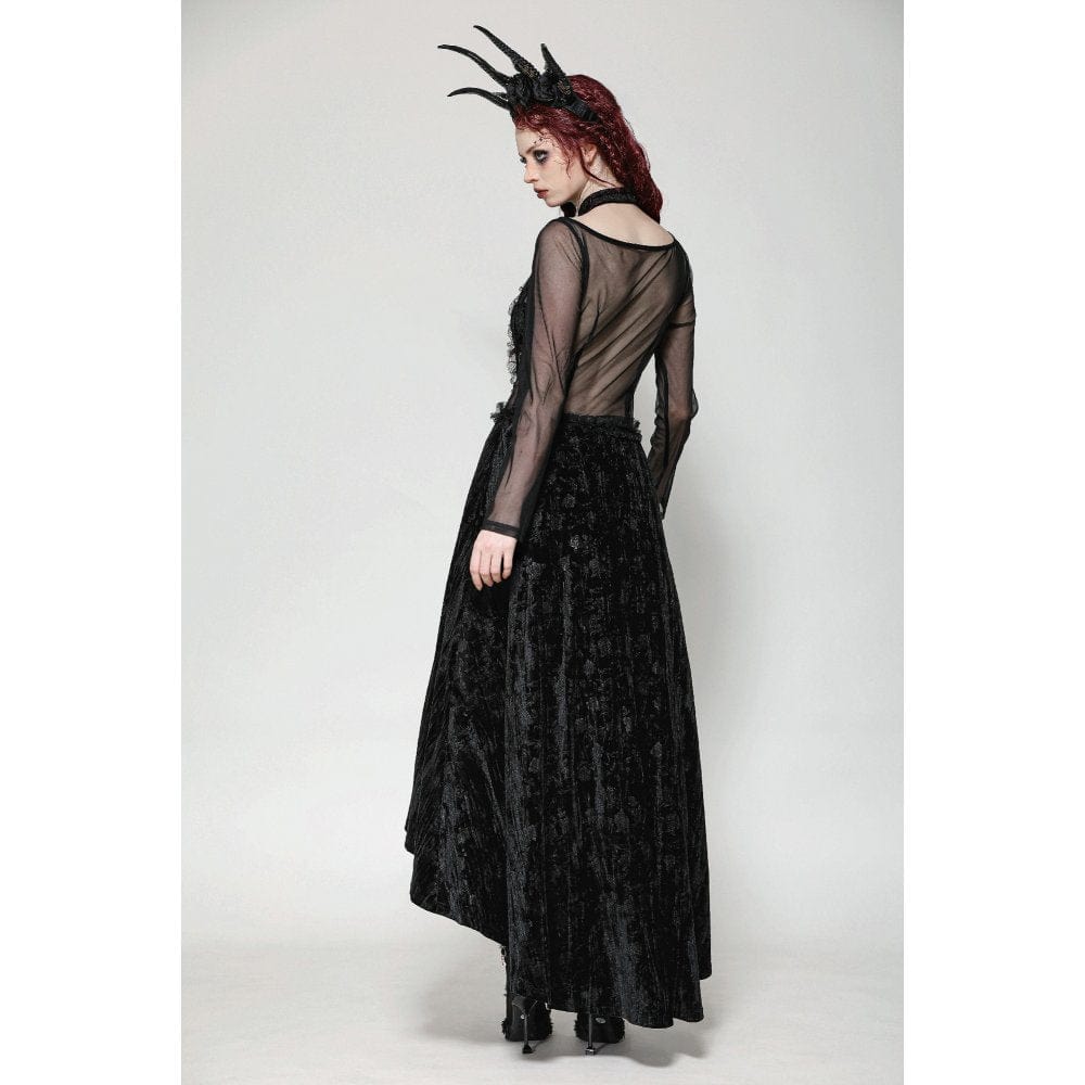 Darkinlove Women's Gothic Floral Embroidered Mesh Splice Velvet Gown Dress