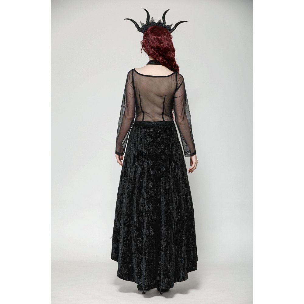 Darkinlove Women's Gothic Floral Embroidered Mesh Splice Velvet Gown Dress