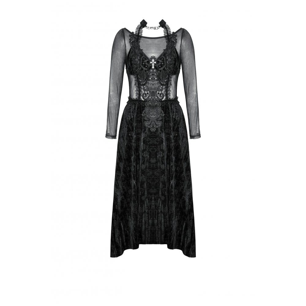 Darkinlove Women's Gothic Floral Embroidered Mesh Splice Velvet Gown Dress