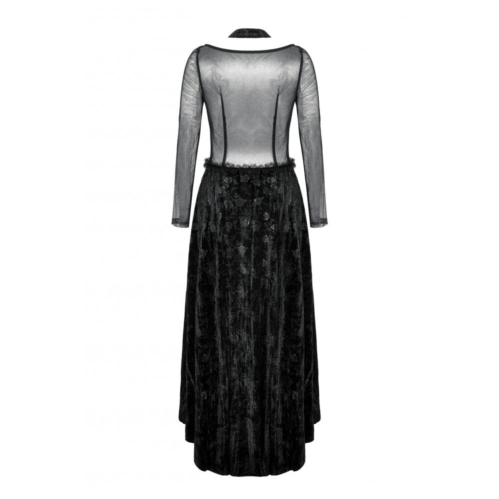 Darkinlove Women's Gothic Floral Embroidered Mesh Splice Velvet Gown Dress
