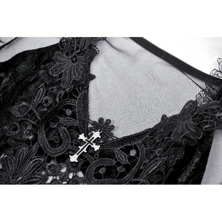 Darkinlove Women's Gothic Floral Embroidered Mesh Splice Velvet Gown Dress