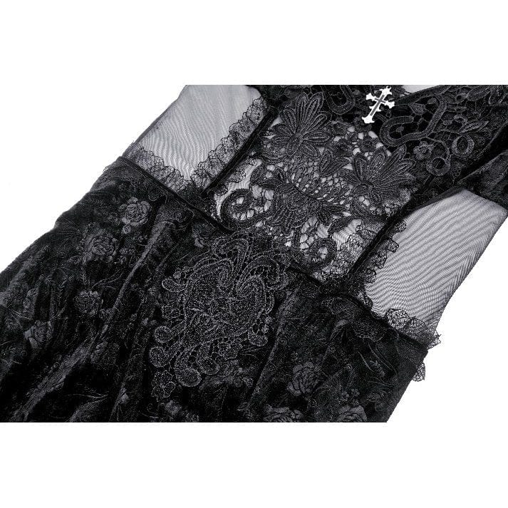 Darkinlove Women's Gothic Floral Embroidered Mesh Splice Velvet Gown Dress