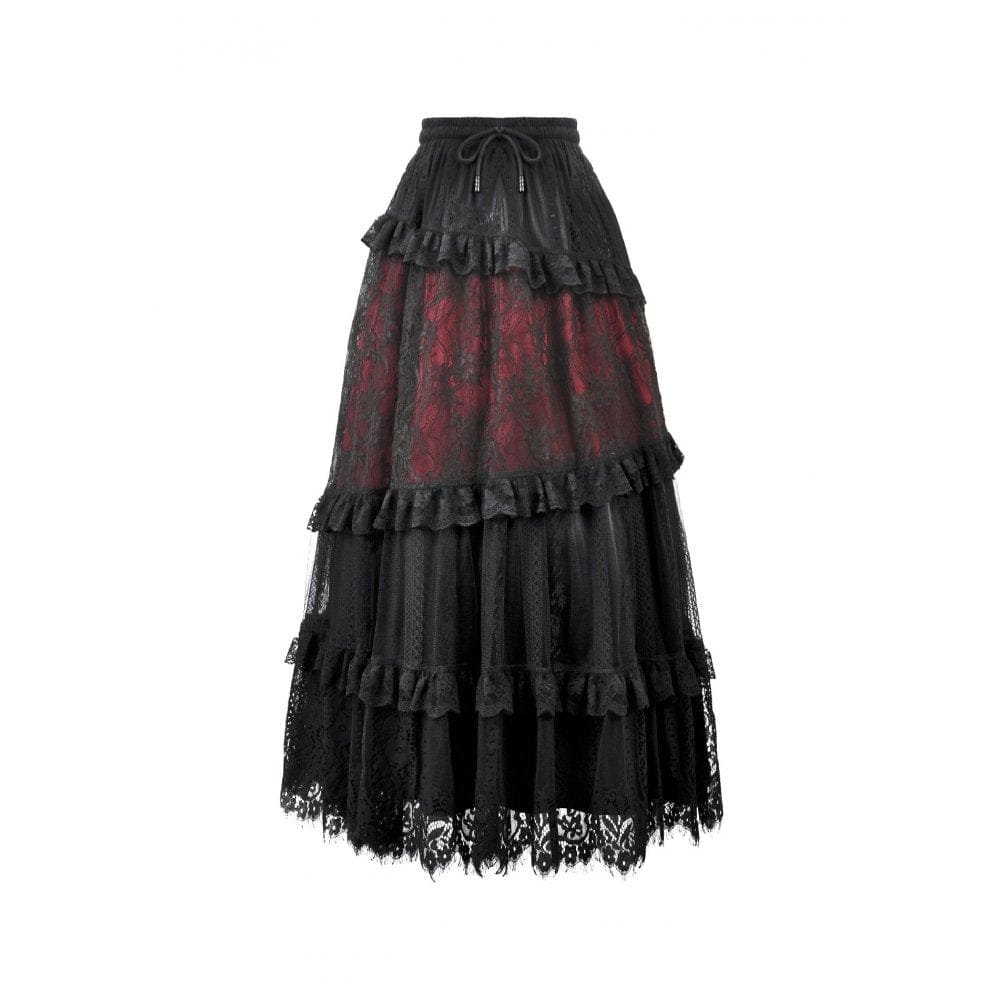 Darkinlove Women's Gothic Floral Lace Contrast Color Maxi Skirt