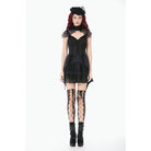 Darkinlove Women's Gothic Floral Lace Cutout High-Neck Short Sleeved Shirt