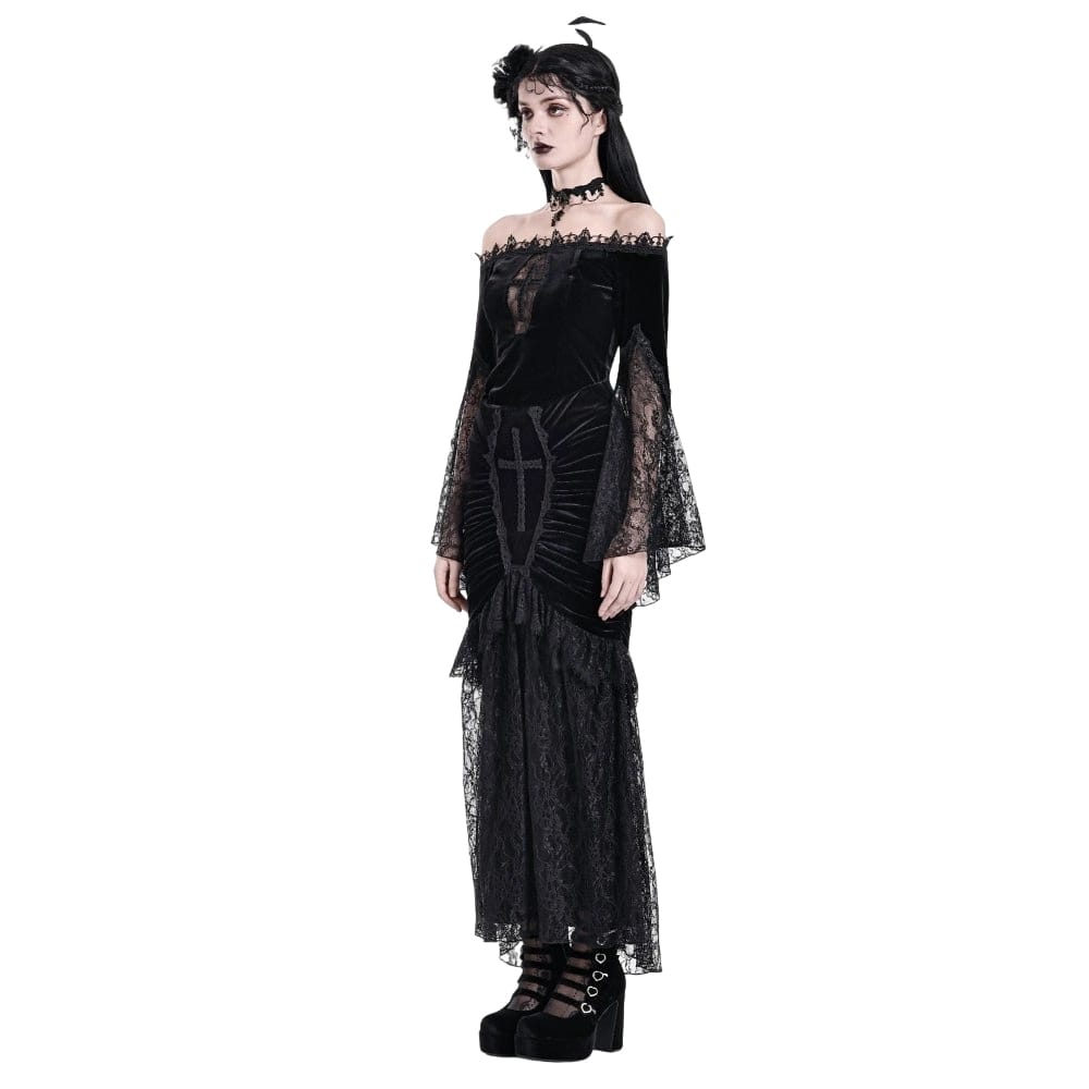Darkinlove Women's Gothic Floral Lace Patchwork Cross Ruched Velvet Mermaid Skirt
