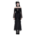 Darkinlove Women's Gothic Floral Lace Patchwork Cross Ruched Velvet Mermaid Skirt