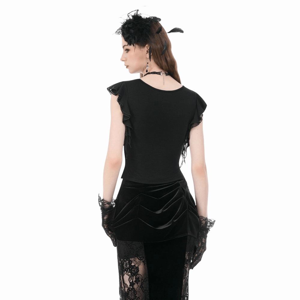 Darkinlove Women's Gothic Floral Lace Patchwork Plunging Draped Crop Top