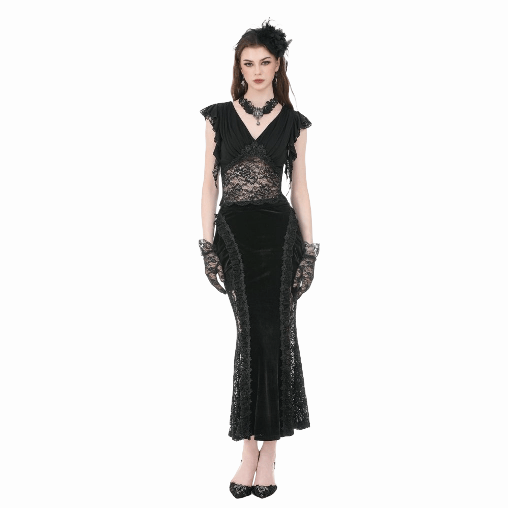 Darkinlove Women's Gothic Floral Lace Patchwork Plunging Draped Crop Top