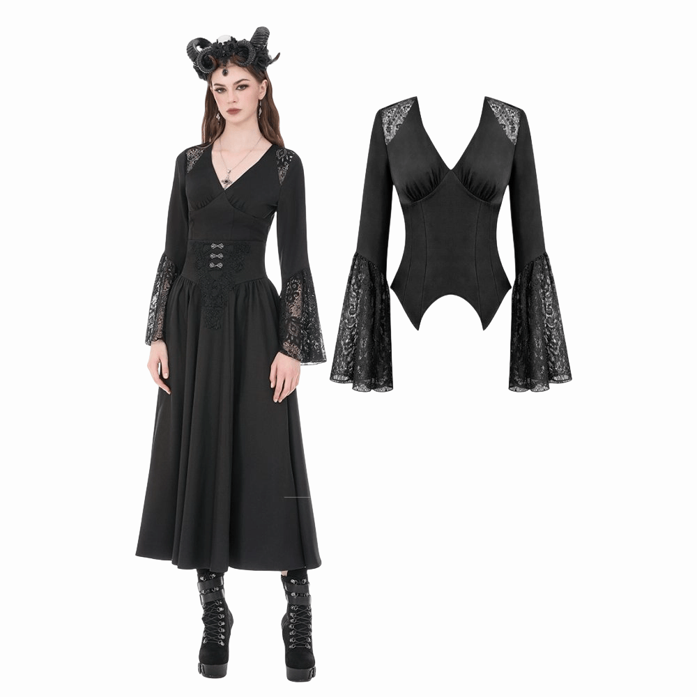 Darkinlove Women's Gothic Floral Lace Patchwork Plunging Long Sleeve Shirt