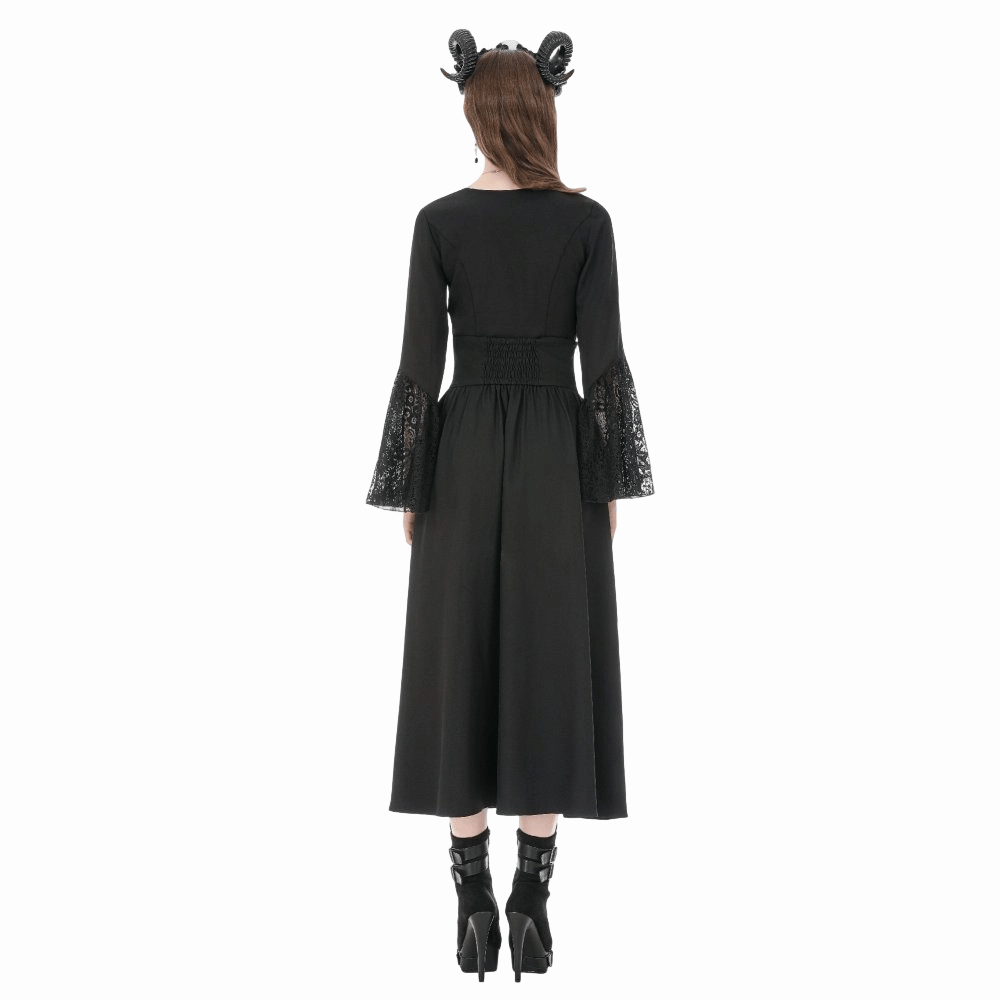 Darkinlove Women's Gothic Floral Lace Patchwork Plunging Long Sleeve Shirt