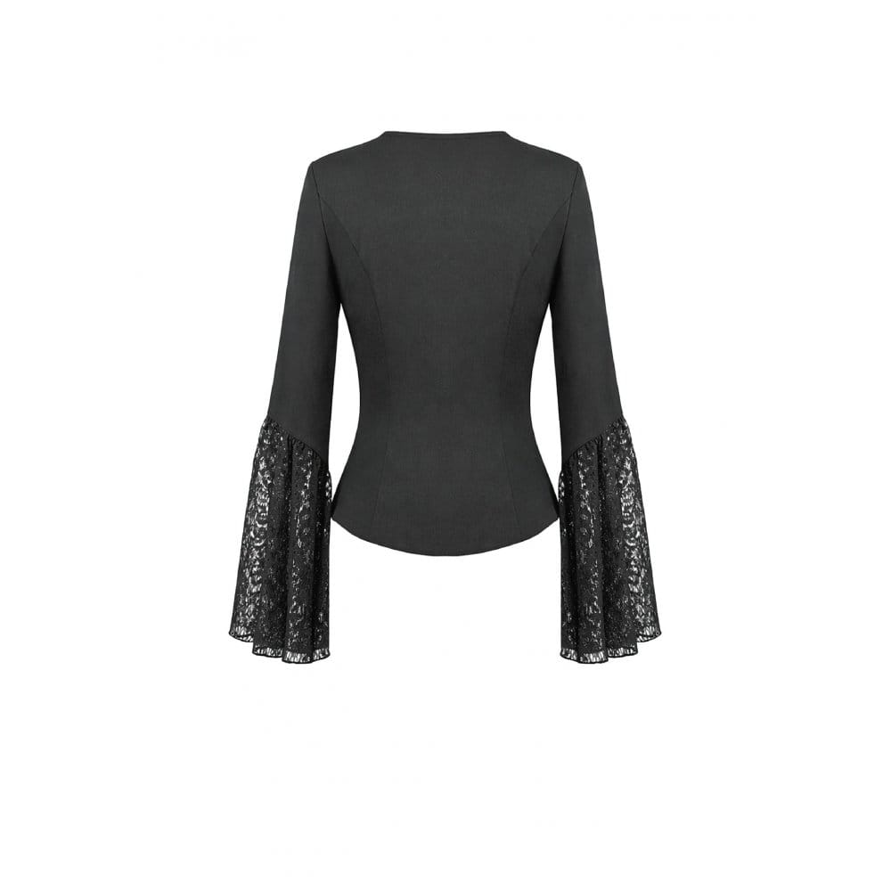 Darkinlove Women's Gothic Floral Lace Patchwork Plunging Long Sleeve Shirt
