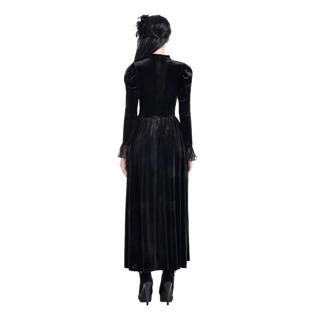 Darkinlove Women's Gothic Floral Lace Splice Puff Sleeve Velvet Maxi Dress