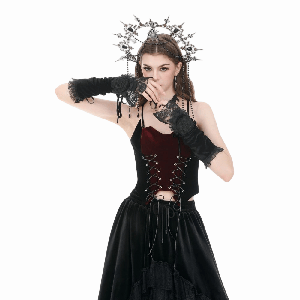 Darkinlove Women's Gothic Floral Lace-up Velvet Arm Sleeves