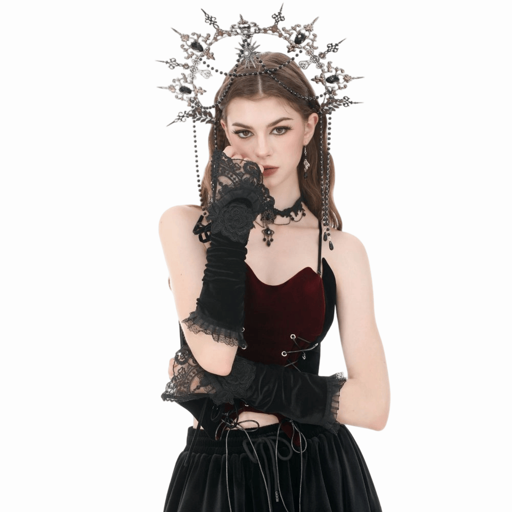 Darkinlove Women's Gothic Floral Lace-up Velvet Arm Sleeves